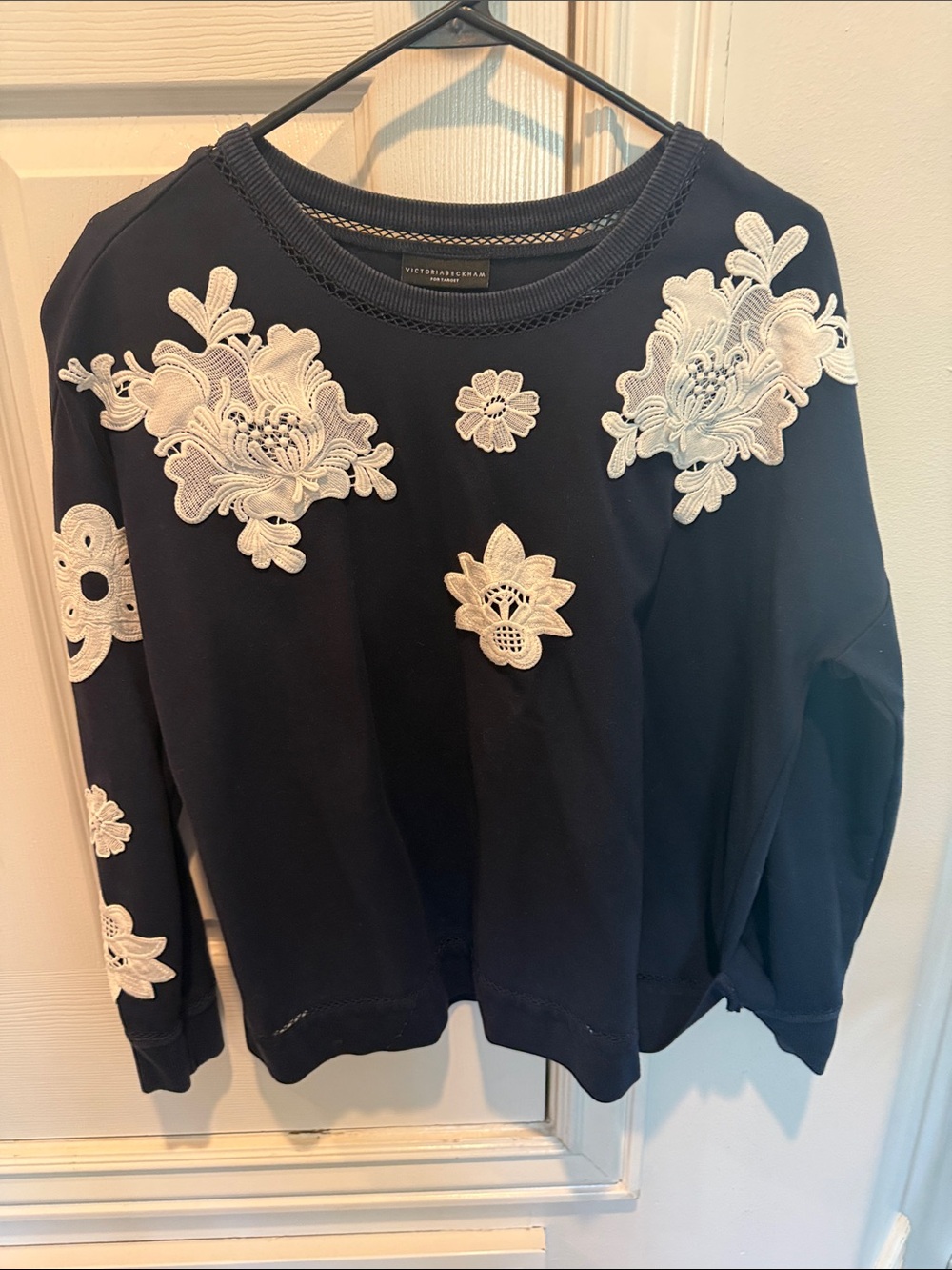 Victoria Beckham Navy Sweatshirt with White Floral Lace Appliqués